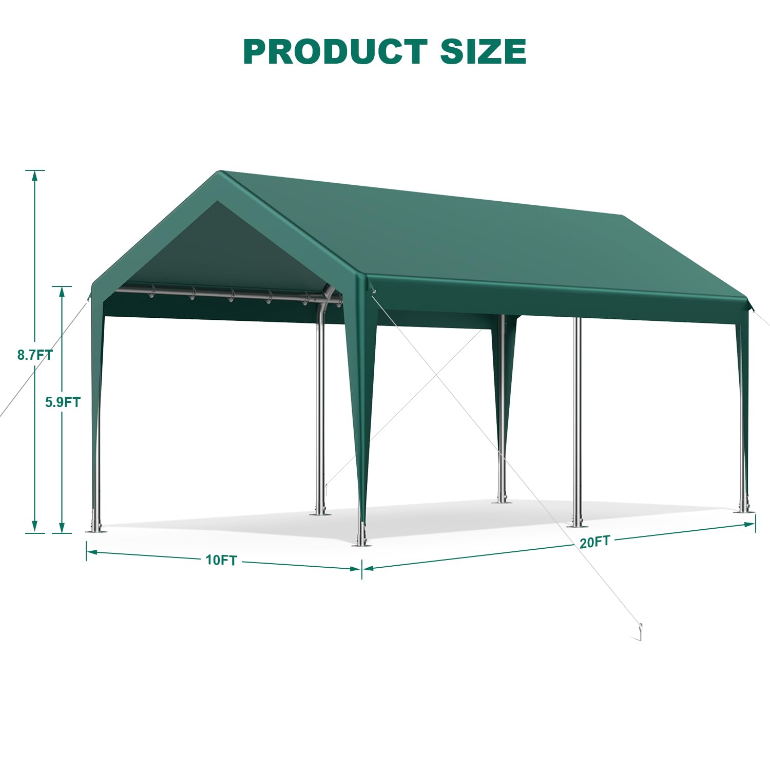 Raxmolo 10x20FT Heavy Duty Carport, Portable Car Canopy Garage Boat Shelter Party Tent, UV Resistant Waterproof Carport Canopy with Four Wind-Resistant Ropes, Green