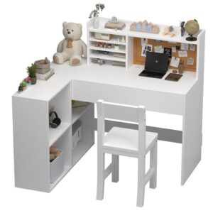 nkugcfc 41in*31in white kids desk and chair set for 5-12 year old, kidsdesk with bulletin board, kids study desk and chair set with drawers and shelves,kids corner desk and chair set with hunch