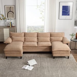 Eafurn U Shaped Symmetrical Sectional Couch with Waist Poillows and Detachable Pillow Armrest, 6 Seater Oversized Modular Lounge Sofa with Double Chaise & Memory Foam for Living Room Apartment