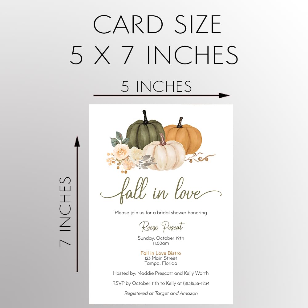 Pumpkin Bridal Shower Invitations Fall in Love Floral Autumn Fall Pumpkins Sage Olive Green Orange Floral Customize Personalize Printed Cards (12 count)