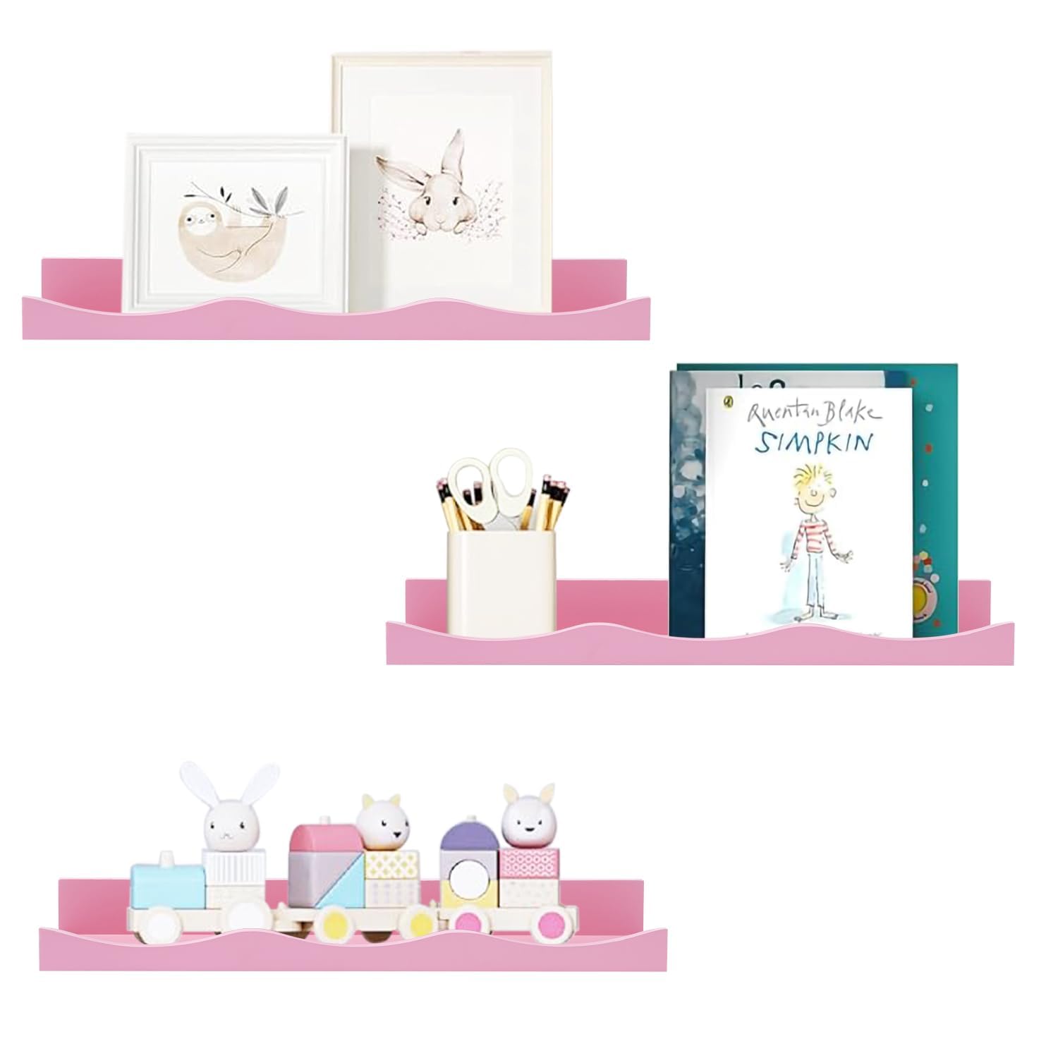 AZSKY Floating Bookshelf for Kids, Floating Shelves for Wall Cloud Picture Ledge Shelf Pink16 Inches Nursery Book Shelves Set 3, Baby Book Shelf for Kids Room, Toddler Room, Baby Room, Nursery Decor