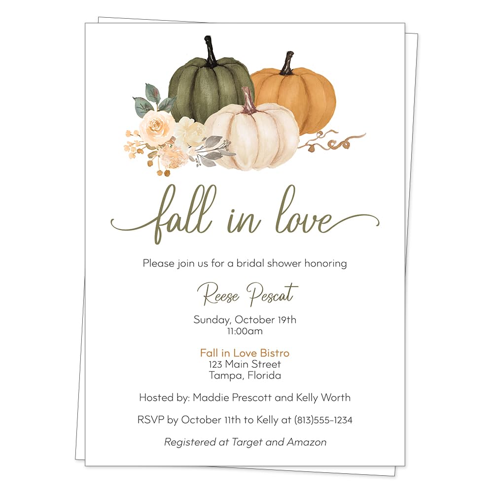 Pumpkin Bridal Shower Invitations Fall in Love Floral Autumn Fall Pumpkins Sage Olive Green Orange Floral Customize Personalize Printed Cards (12 count)