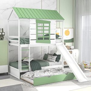 cabsett house bunk beds with convertible slide for kids, wood twin over twin bunk beds frame with trundle and roof for girls boys, white+green