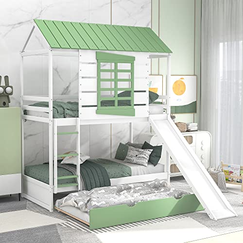 CABSETT House Bunk Beds with Convertible Slide for Kids, Wood Twin Over Twin Bunk Beds Frame with Trundle and Roof for Girls Boys, White+Green