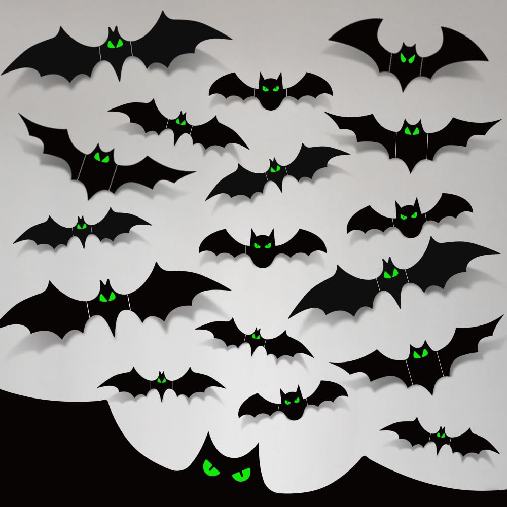 Bats Halloween Decorations Indoor, 110 Pcs Halloween Bats with Glow in The Dark Eyes, 3D Bats for Halloween Wall Decor, 5 Styles, 136 Pcs of Double-Sided Tape Included