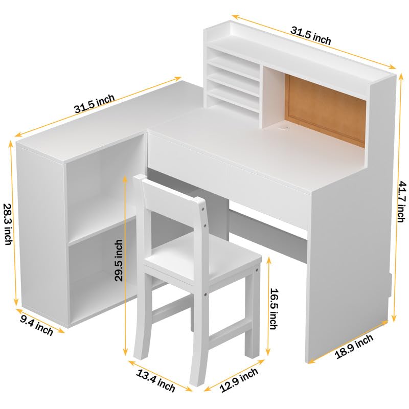 NKUGCFC 41in*31in White Kids Desk and Chair Set for 5-12 Year Old, KidsDesk with Bulletin Board, Kids Study Desk and Chair Set with Drawers and Shelves,Kids Corner Desk and Chair Set with Hunch