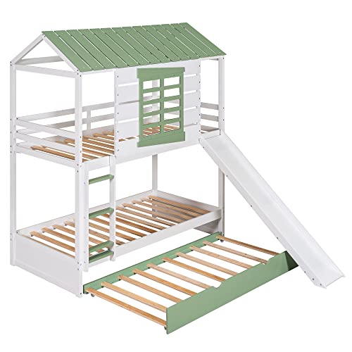 CABSETT House Bunk Beds with Convertible Slide for Kids, Wood Twin Over Twin Bunk Beds Frame with Trundle and Roof for Girls Boys, White+Green