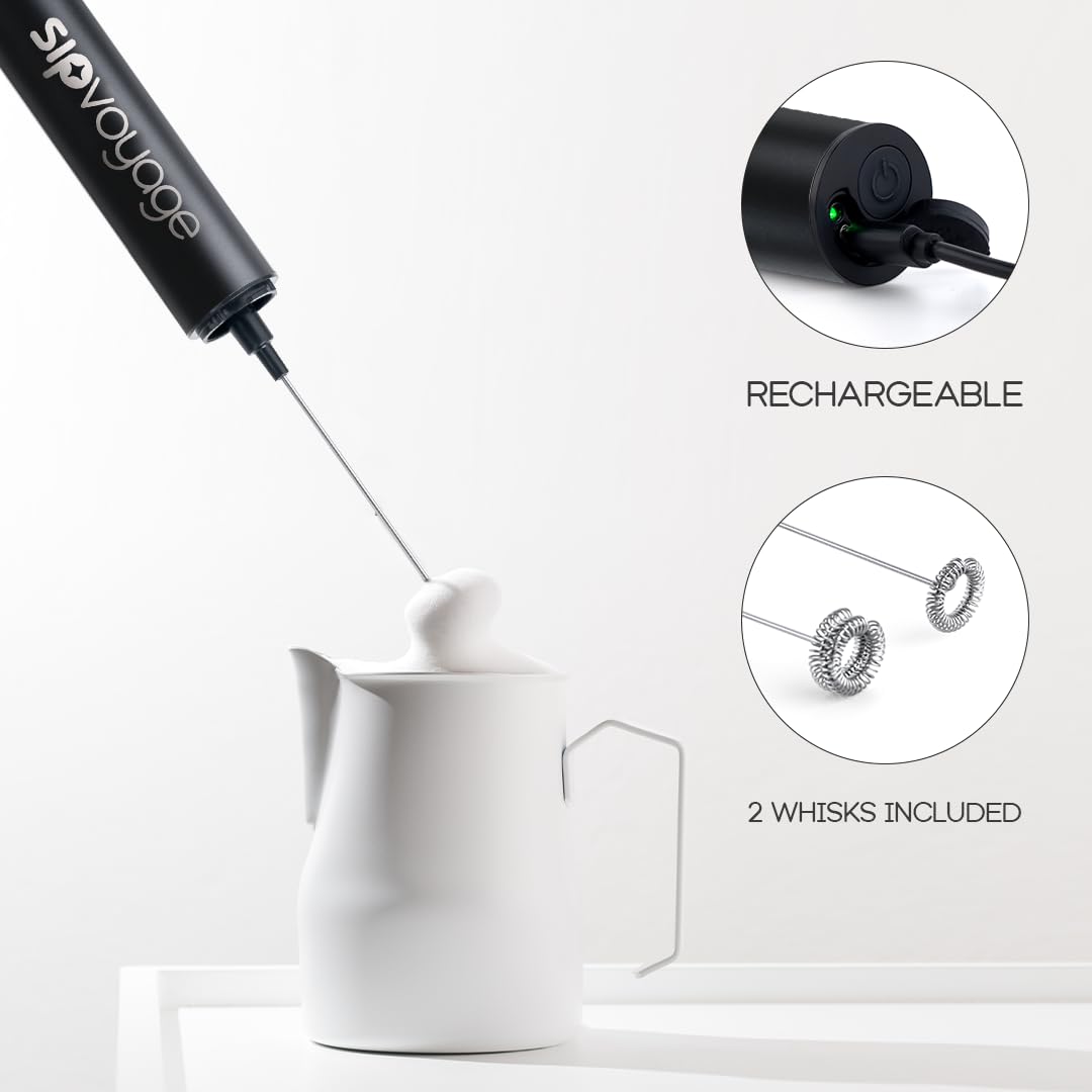 Rechargeable Milk Frother Handheld - 2 Whisks/2 Speed Coffee Frother Rechargeable - One Touch Drink Mixer, Hand Held Frother Wand, Electric Frother Handheld for Lattes & Matcha Coffee Stirrers (White)