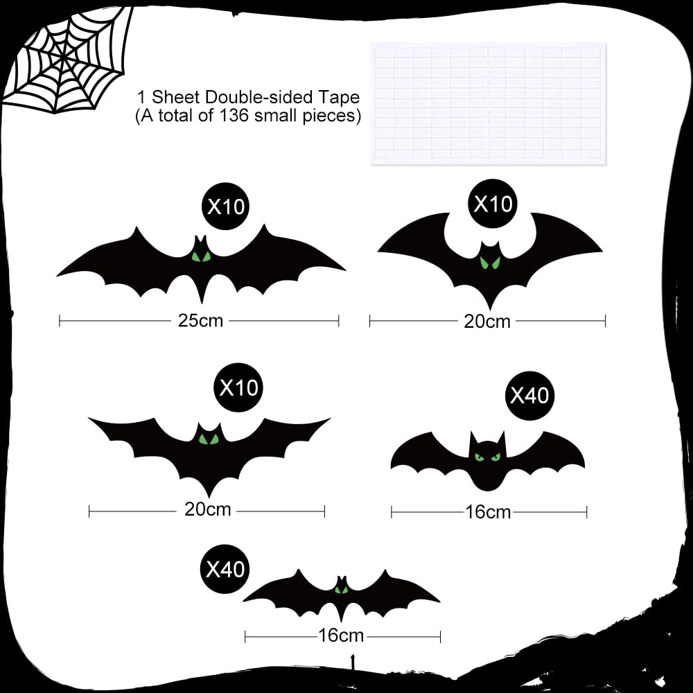 Bats Halloween Decorations Indoor, 110 Pcs Halloween Bats with Glow in The Dark Eyes, 3D Bats for Halloween Wall Decor, 5 Styles, 136 Pcs of Double-Sided Tape Included