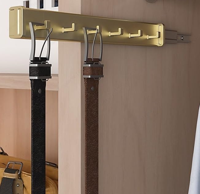 Kitchen Inventions 6-Hook Designer Wardrobe Reversible 13.75" Length Closet Belt Rack with 12" Retractable Pullout Extension and Installation Hardware (Matte Brass)