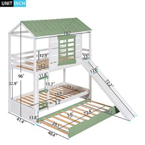 CABSETT House Bunk Beds with Convertible Slide for Kids, Wood Twin Over Twin Bunk Beds Frame with Trundle and Roof for Girls Boys, White+Green