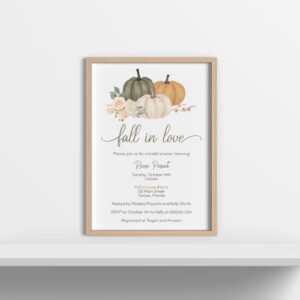 Pumpkin Bridal Shower Invitations Fall in Love Floral Autumn Fall Pumpkins Sage Olive Green Orange Floral Customize Personalize Printed Cards (12 count)