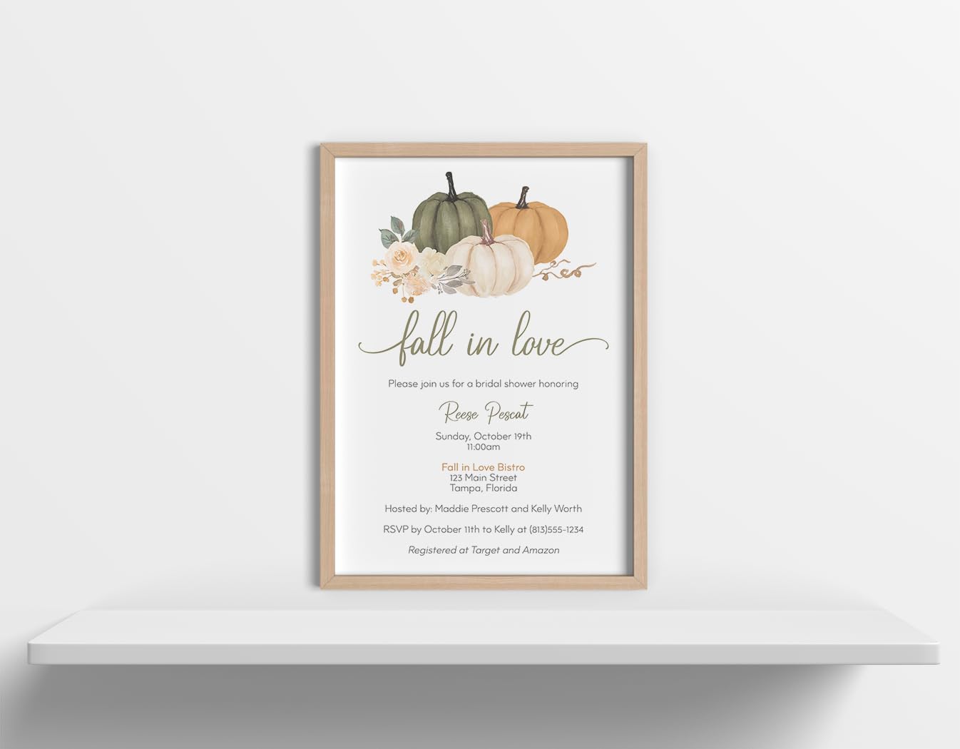 Pumpkin Bridal Shower Invitations Fall in Love Floral Autumn Fall Pumpkins Sage Olive Green Orange Floral Customize Personalize Printed Cards (12 count)