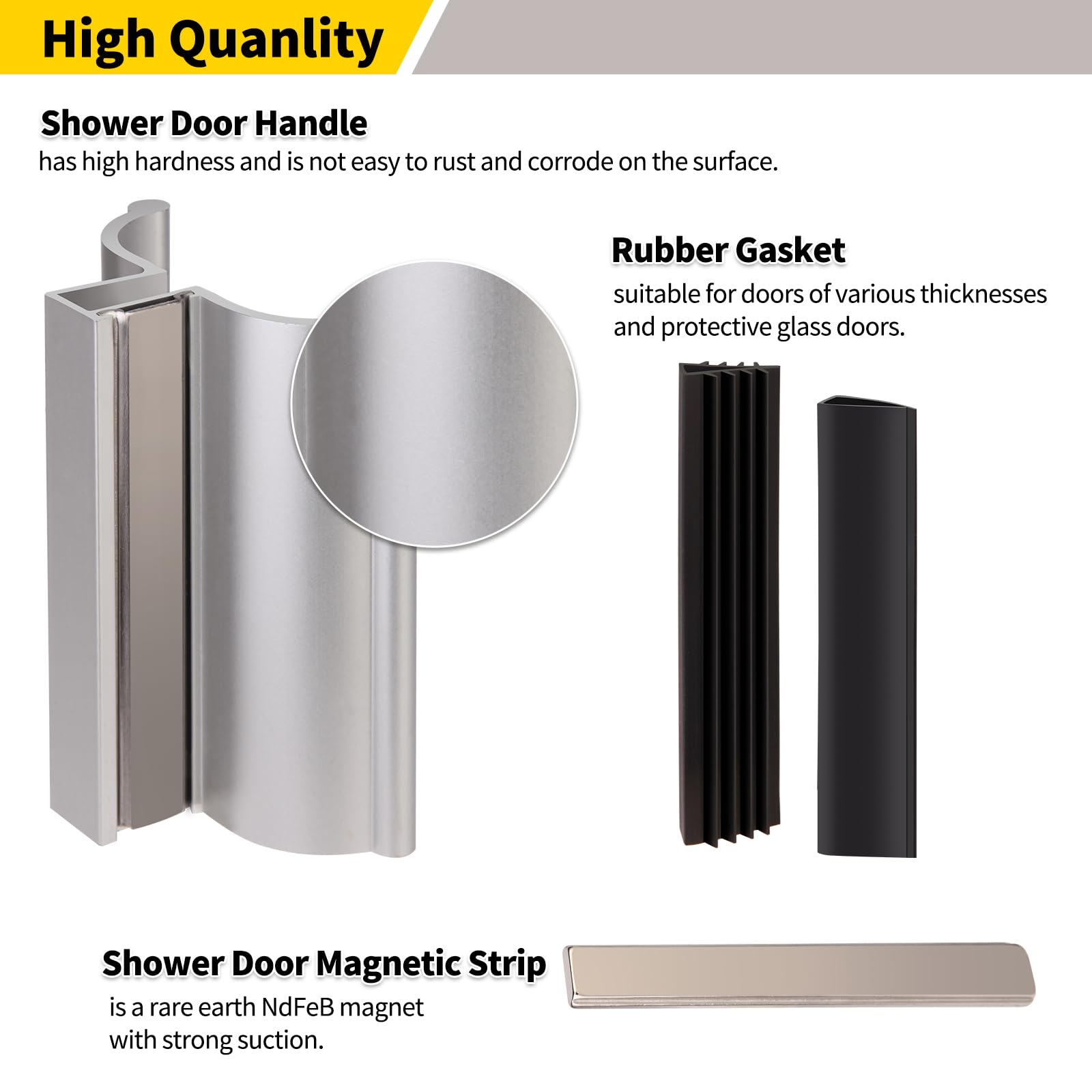 3" Shower Door Handle with Metal Strike and 3" Magnet fits 1/8", 5/32", 3/16" and 1/4" Thick Swing Glass Shower Doors,Shower Door Magnetic Strip Replacement.