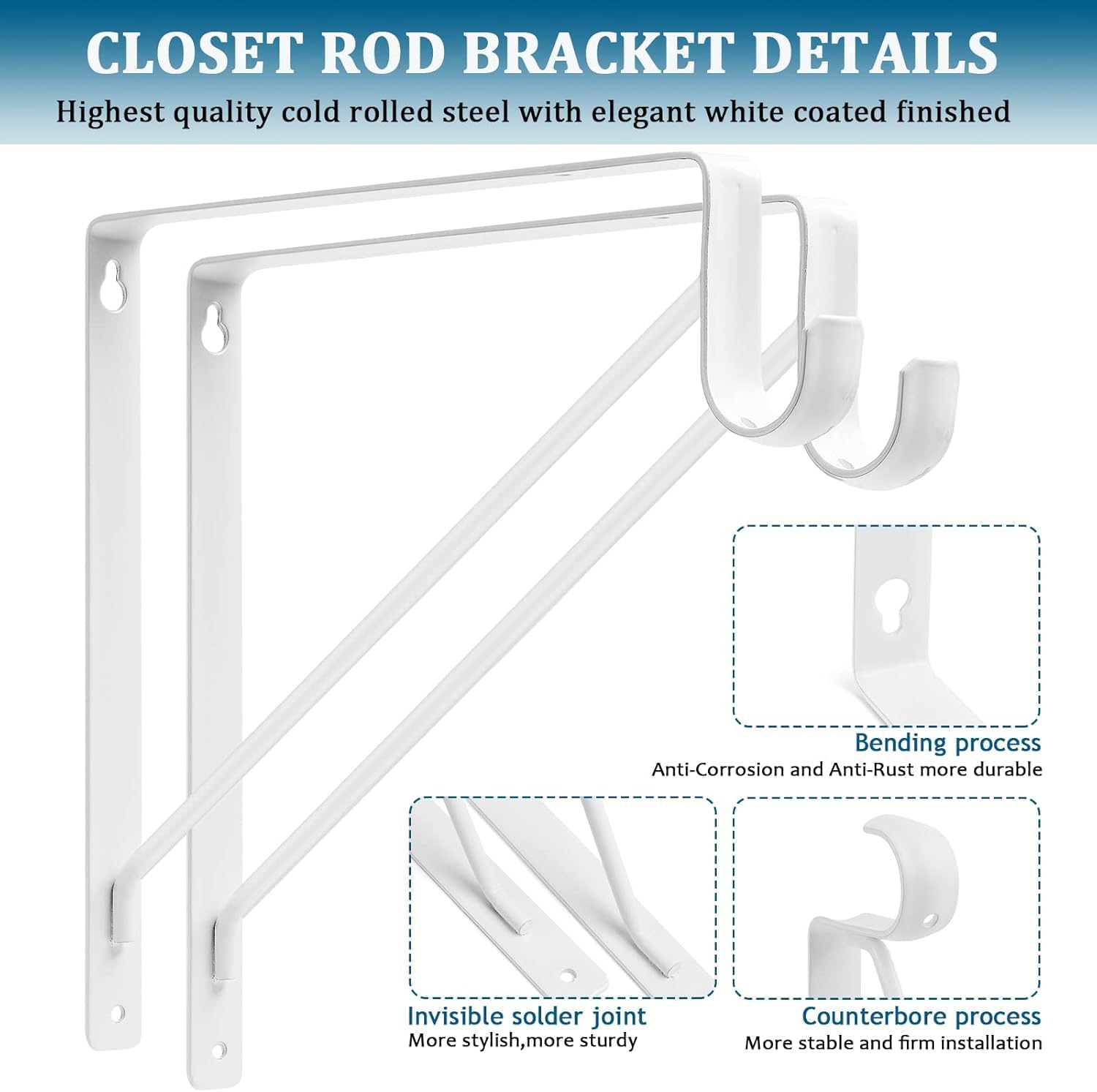 6PCS Heavy Duty White Closet Rod Brackets 11 x 11 Inch,1-3/8Inch Diameter Shelf and Rod Bracket Holder for Home and Closet Decor, Wall Mount Closet Pole Supports Bracket Hook with Screws