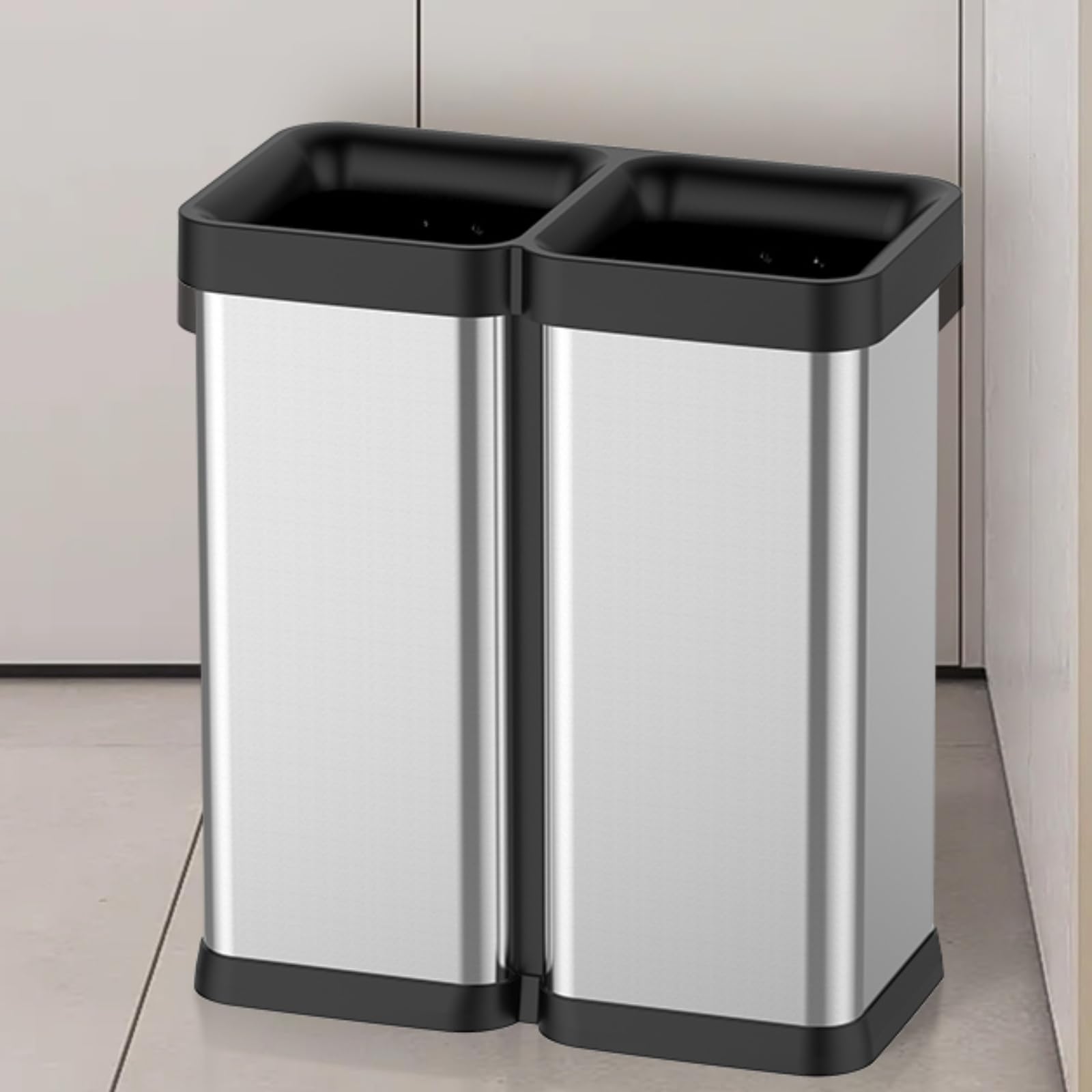 GarveeHome 2 x 8 Gallon Dual-Bin Open Top Trash Can, Dual Compartment Garbage Can for Waste and Recycling, Stainless Steel Kitchen Trash Bin for Office, Restaurant, Commercial Use