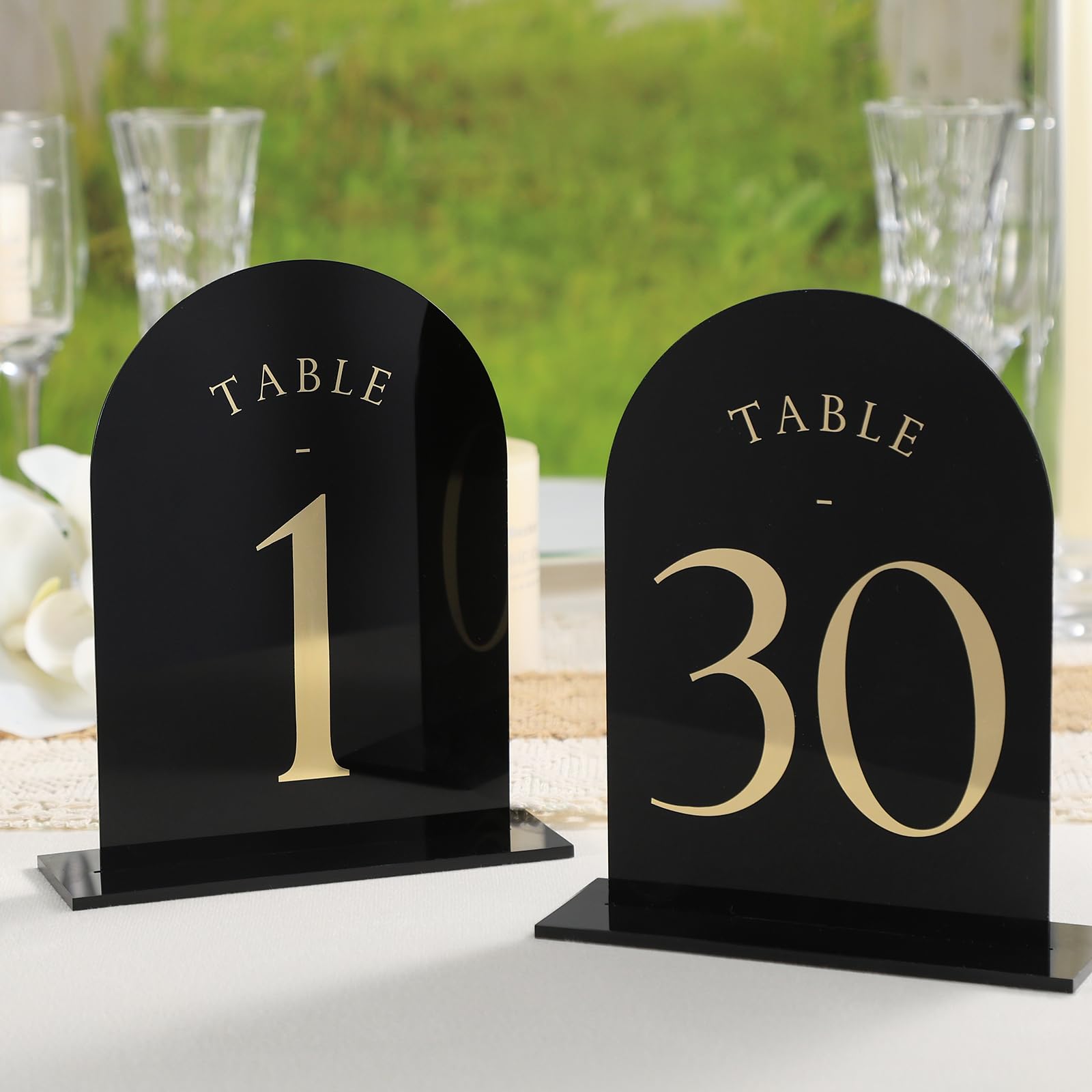 UNIQOOO Black Arch Wedding Table Numbers with Stands 1-30, Gold Foil Printed 5x7 Double Sided Acrylic Signs and Holders, Perfect for Centerpiece, Reception, Decoration, Party, Anniversary, Event