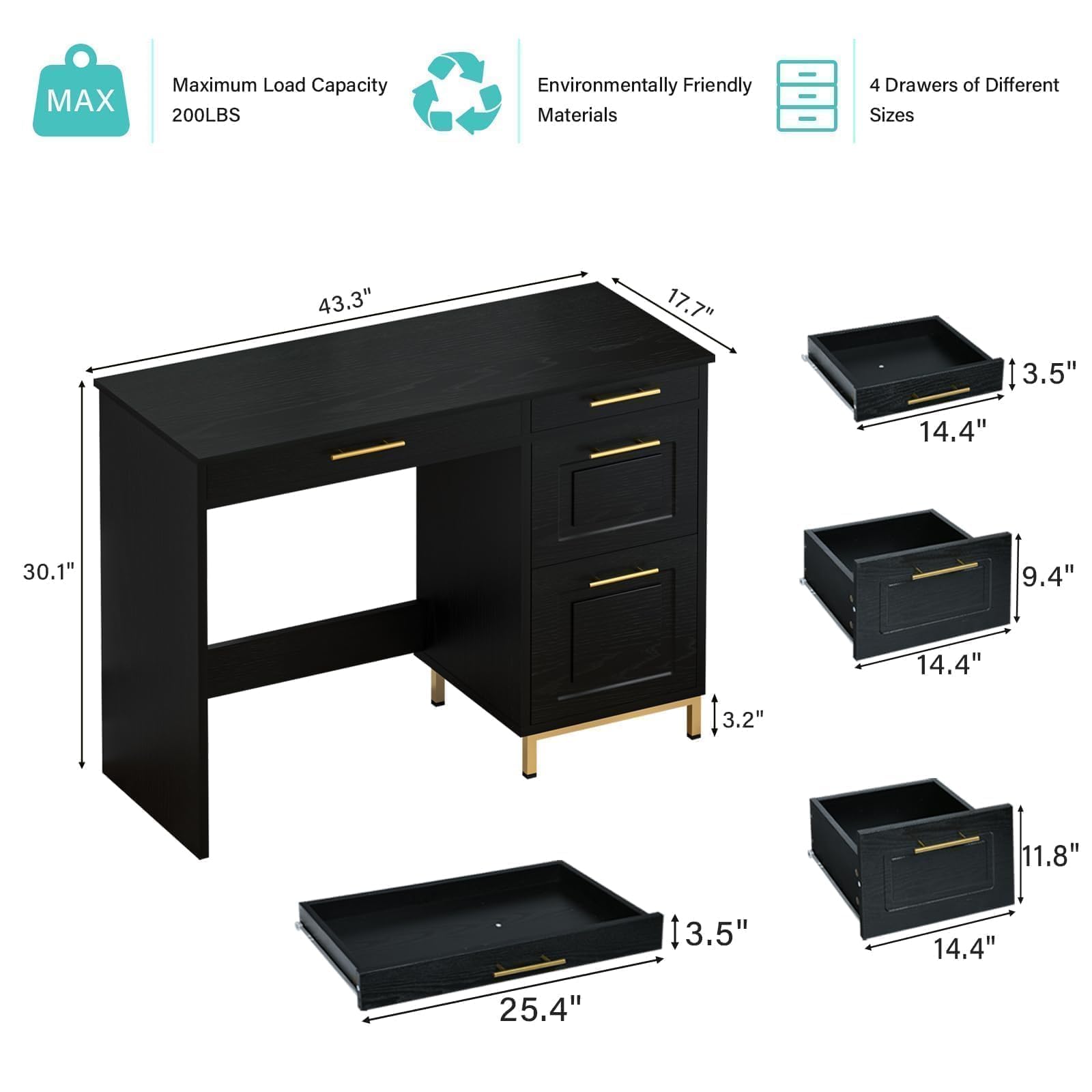 4 EVER WINNER Black Desk with Drawers, 43” Home Office Desk with Storage, Golden Handle for Bedroom, Black and Gold Desk Study Writing Desk for Small Space, Black