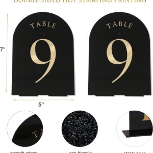 UNIQOOO Black Arch Wedding Table Numbers with Stands 1-30, Gold Foil Printed 5x7 Double Sided Acrylic Signs and Holders, Perfect for Centerpiece, Reception, Decoration, Party, Anniversary, Event