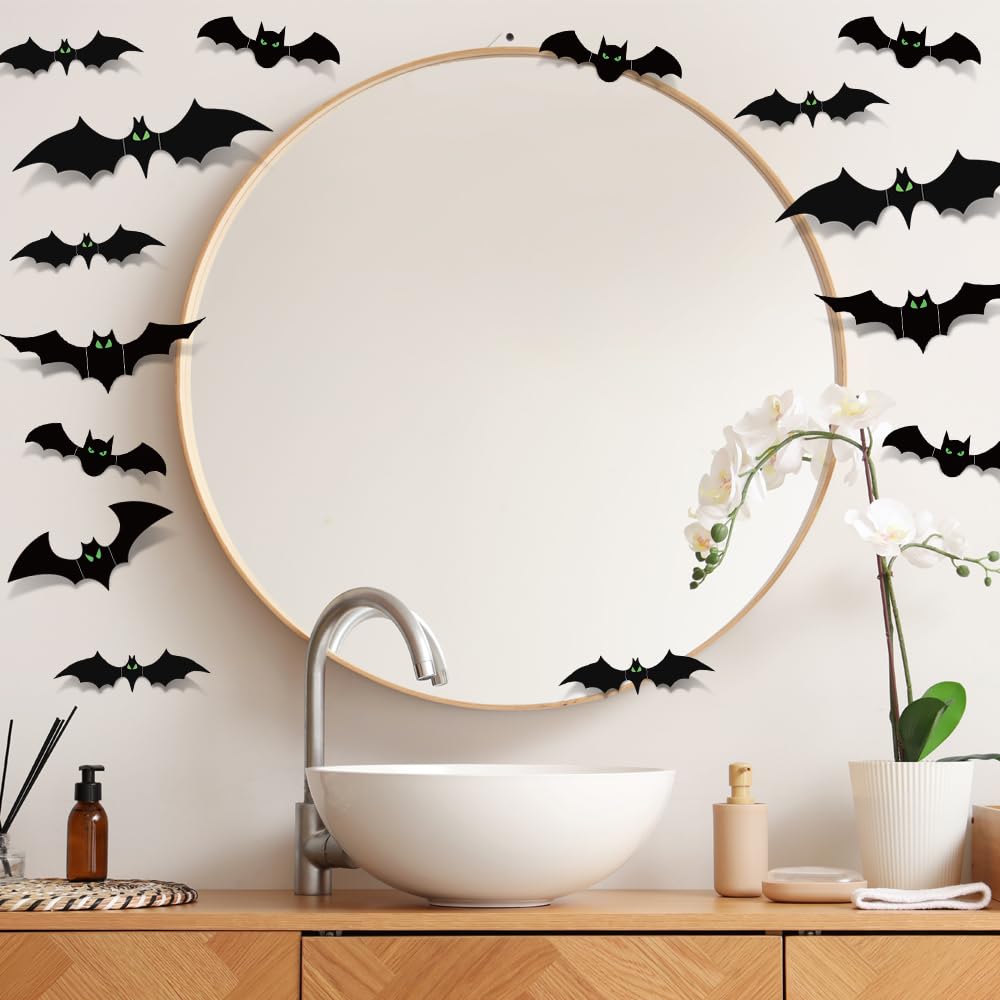 Bats Halloween Decorations Indoor, 110 Pcs Halloween Bats with Glow in The Dark Eyes, 3D Bats for Halloween Wall Decor, 5 Styles, 136 Pcs of Double-Sided Tape Included