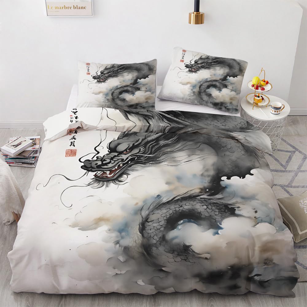 OmErsa Dragon Duvet Cover Queen Size Set, Chinese Bedding Bedroom Decor, Comforter Cover & 2 Pillowcases 3 Pieces, Home Collection Quilt Cover