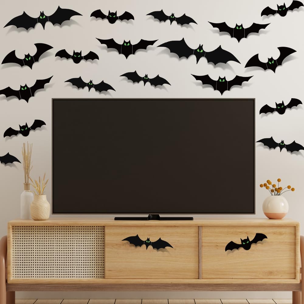 Bats Halloween Decorations Indoor, 110 Pcs Halloween Bats with Glow in The Dark Eyes, 3D Bats for Halloween Wall Decor, 5 Styles, 136 Pcs of Double-Sided Tape Included