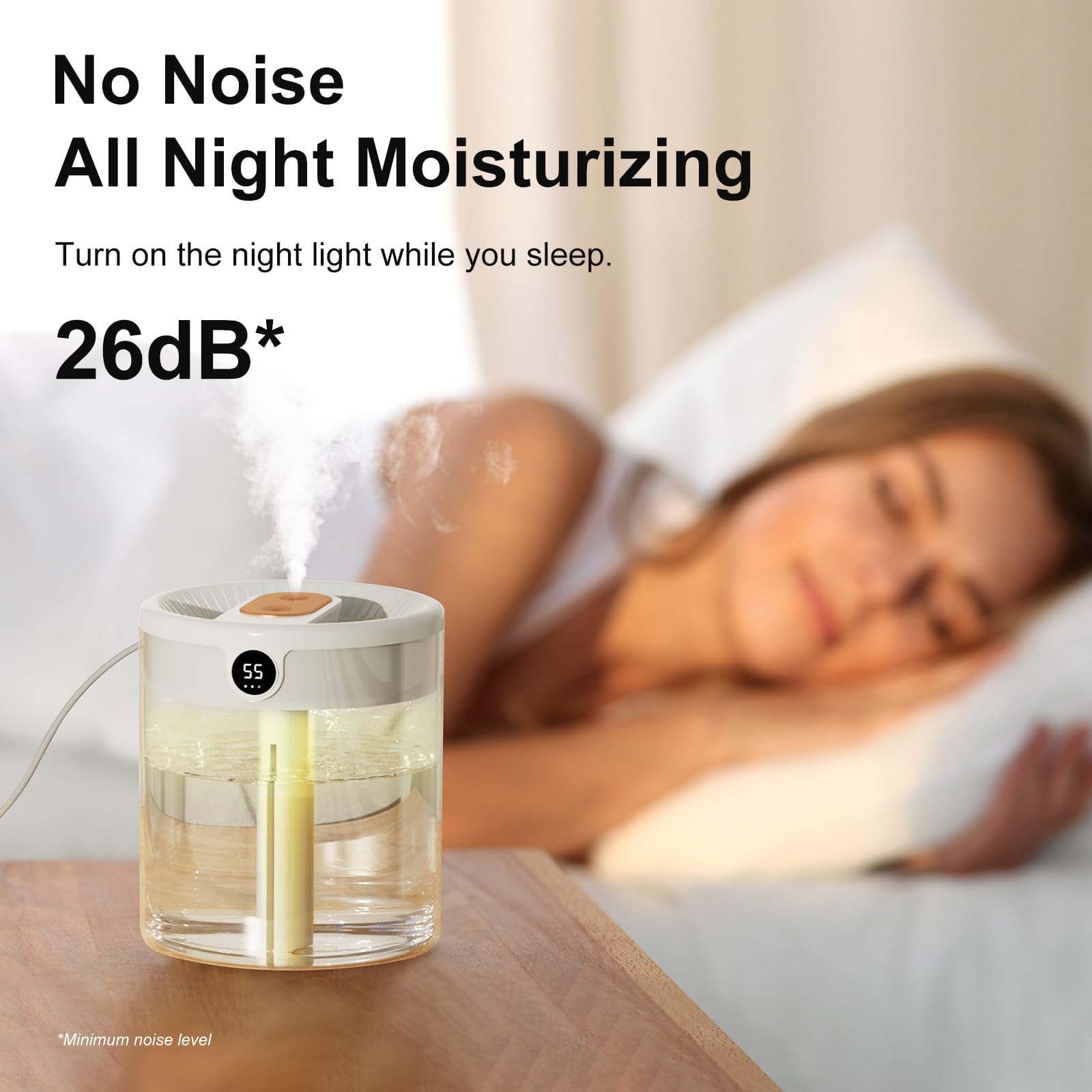 Smart Humidifier for Bedroom, Home, Great Room, Nursery, Office, 1.3L Cold Mist Top Fill 20 Hours Extra Long Use Time for Fast Relief, 26dB, 360° Dual Nozzles, Easy to Fill and Clean, BPA-Free