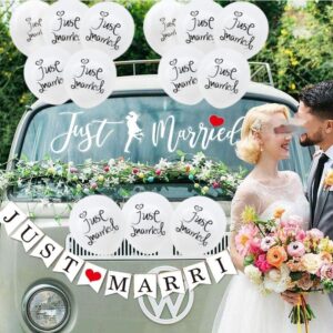 Pfylinqo 100 Pcs Celebration of Just Married Balloons, 12 Inch "Just Married" Letter Print White Balloon for Garland Arch, Party Latex Balloons for Bride Wedding Anniversary Party Decoration Supplies