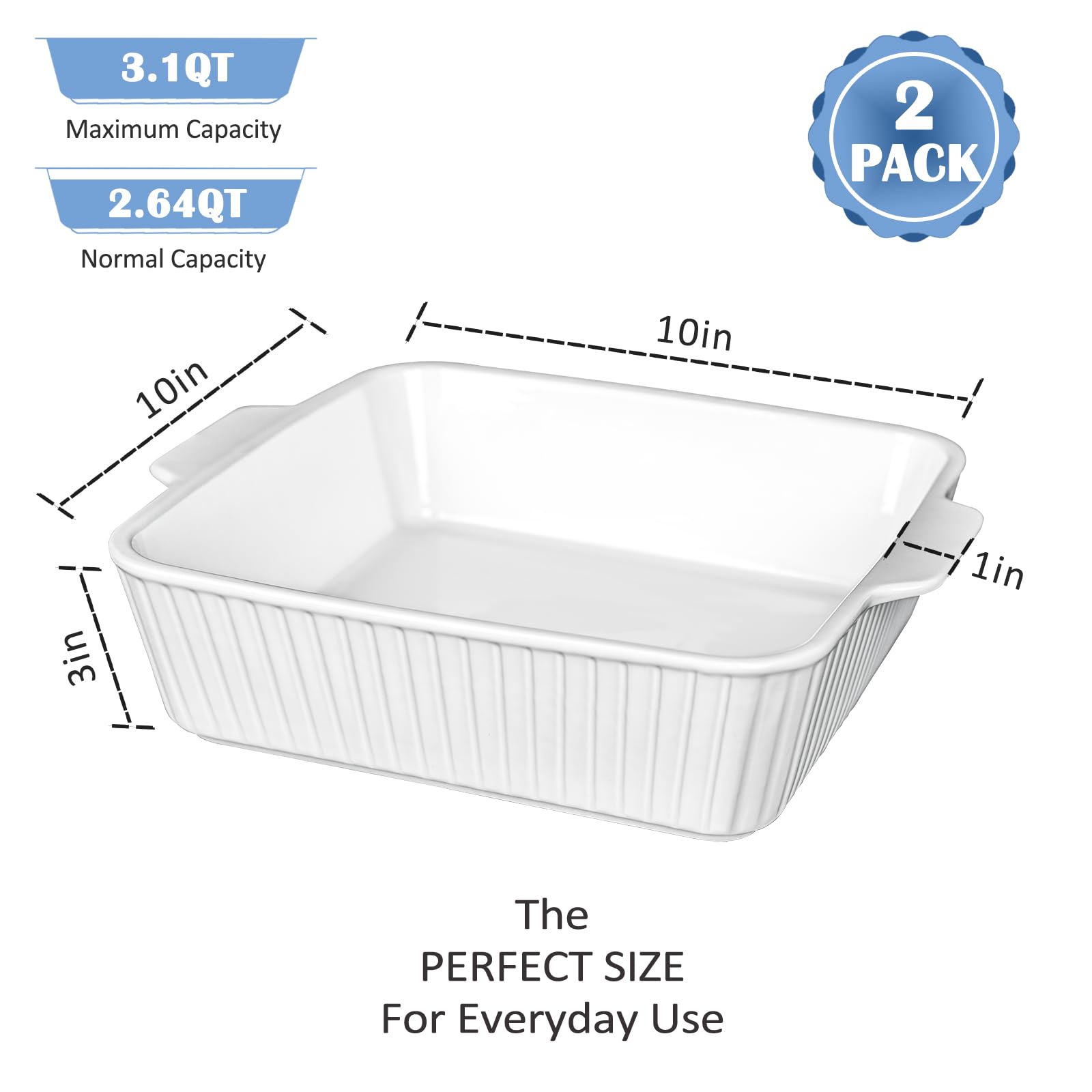 Casserole Dishes for Oven, 10'' Square Casserole Baking Dish, 2 Pack Ceramic Baking Dishes, Bakeware Sets with Handles, Lasagna Pan for Baking, Cake, Kitchen, Microwave, Dishwasher Safe