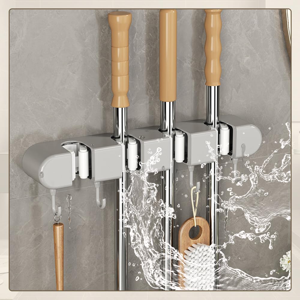 Multifunctional Mop Holder with Hook, 2024 New Punch Free Mop and Broom Holder Wall Mount Broom Rack, Broom Organizer Storage Tool Racks Heavy Duty Self Adhesive Mop Holder Wall Mounted (White)