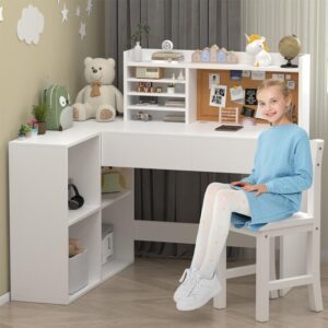 NKUGCFC 41in*31in White Kids Desk and Chair Set for 5-12 Year Old, KidsDesk with Bulletin Board, Kids Study Desk and Chair Set with Drawers and Shelves,Kids Corner Desk and Chair Set with Hunch