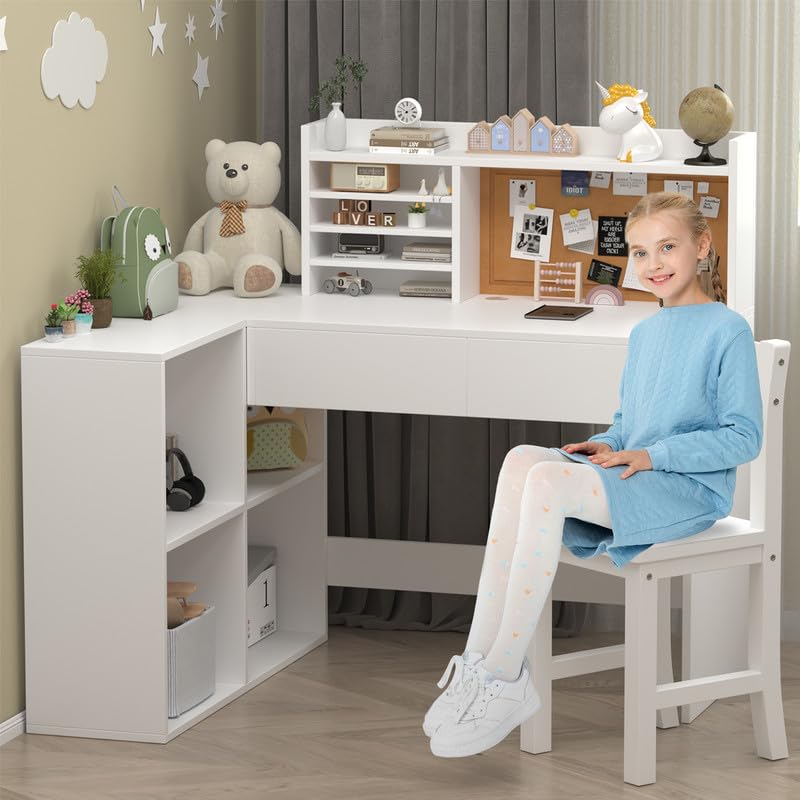 NKUGCFC 41in*31in White Kids Desk and Chair Set for 5-12 Year Old, KidsDesk with Bulletin Board, Kids Study Desk and Chair Set with Drawers and Shelves,Kids Corner Desk and Chair Set with Hunch