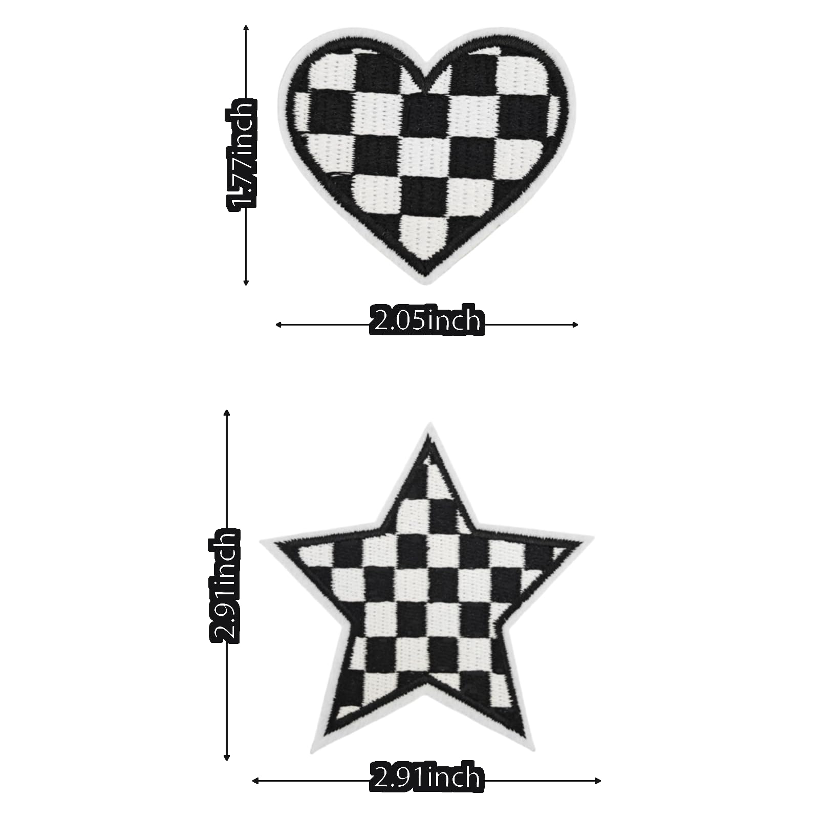 16Pcs Black&White Checkered Heart&Star Western Iron on Embroidered Set, Contains 8 Heart Patches and 8 Star Patches, Black&White Embroidered Sew on Patch Applique Embellishments for Jeans, Hat