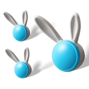 kcmwsy 3 pack coat hooks cute rabbit shape metal towel hooks heavy duty wall hooks modern bathroom door hooks for coat,bag,hat, scarf,towel,key etc (matte blue, large size)