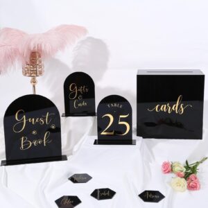 UNIQOOO Black Arch Wedding Table Numbers with Stands 1-30, Gold Foil Printed 5x7 Double Sided Acrylic Signs and Holders, Perfect for Centerpiece, Reception, Decoration, Party, Anniversary, Event