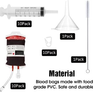 CandyHome 20 Pack Blood Bags for Drinks Sets, 10 Pcs Blood Bags, 10 Pcs 2 oz Jello-Shot-Syringes Reusable Halloween Party Supplies Drink Containers, Zombie Vampire Nurse Props