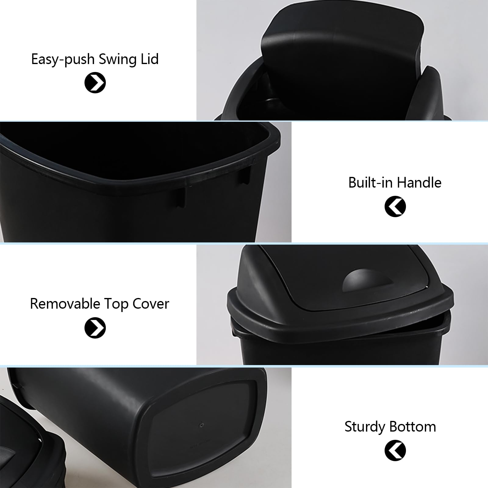 Doryh 4-Pack 40 L Trash Can with Swing Lid, Plastic Kitchen Garbage Can, Black