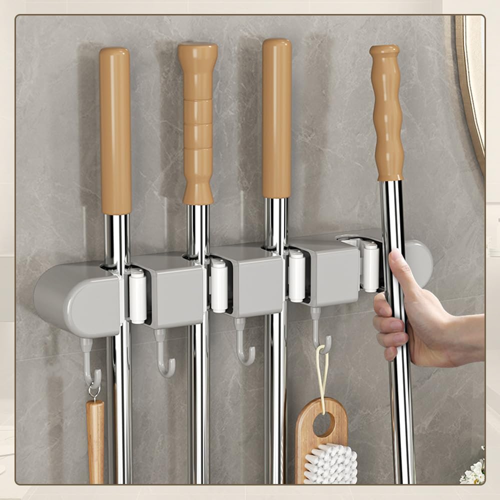 Multifunctional Mop Holder with Hook, 2024 New Punch Free Mop and Broom Holder Wall Mount Broom Rack, Broom Organizer Storage Tool Racks Heavy Duty Self Adhesive Mop Holder Wall Mounted (White)