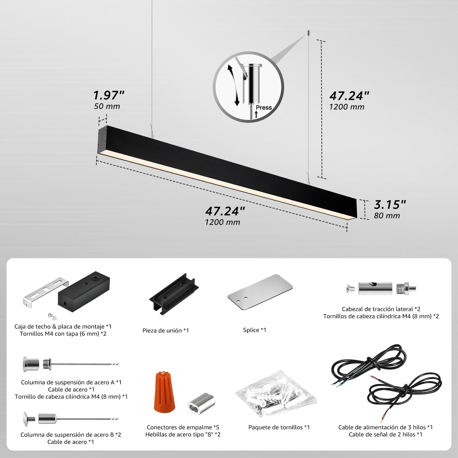 SCON 4FT 40W LED Black Anti-Glare Linkable Pendant Light,2400LM UGR<22 0-10V Dimmable Linear Surface Mount Shop Light,3000K-4000K-5000K Switchable Ceiling Mount Office Light,Hanging Light For Workshop