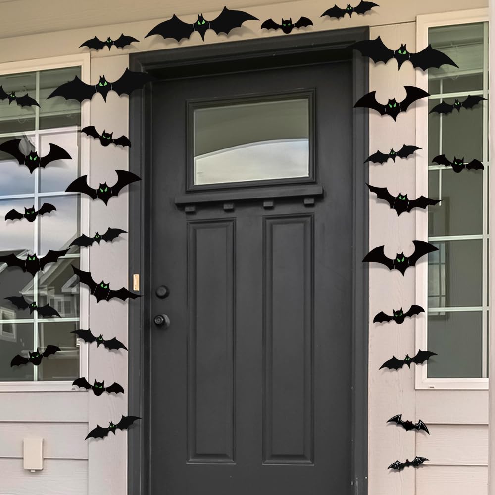 Bats Halloween Decorations Indoor, 110 Pcs Halloween Bats with Glow in The Dark Eyes, 3D Bats for Halloween Wall Decor, 5 Styles, 136 Pcs of Double-Sided Tape Included