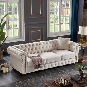 erye clasic chesterfield 3 seaters sofa couch w/luxury roller armrest soild wood legs linen fabric upholstered button tufted sofa&couch with removable cushions & nailhead decor