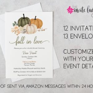 Pumpkin Bridal Shower Invitations Fall in Love Floral Autumn Fall Pumpkins Sage Olive Green Orange Floral Customize Personalize Printed Cards (12 count)