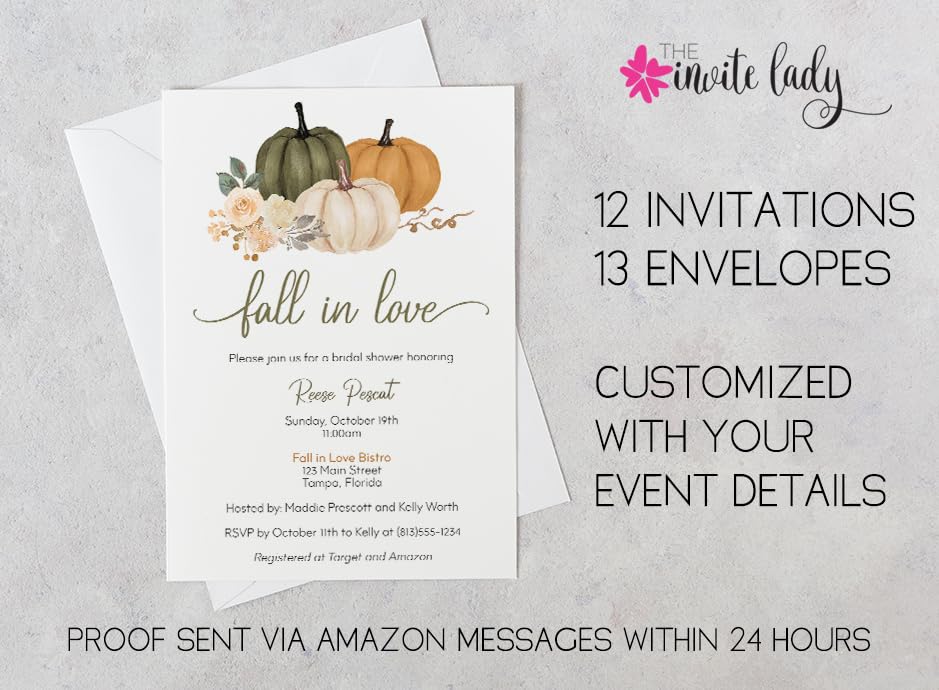 Pumpkin Bridal Shower Invitations Fall in Love Floral Autumn Fall Pumpkins Sage Olive Green Orange Floral Customize Personalize Printed Cards (12 count)