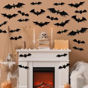 Bats Halloween Decorations Indoor, 110 Pcs Halloween Bats with Glow in The Dark Eyes, 3D Bats for Halloween Wall Decor, 5 Styles, 136 Pcs of Double-Sided Tape Included