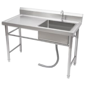 YSHUSTGY Compartment Stainless Steel Cabinets Commercial Kitchen Prep Sink Wash Table,Commercial Kitchen Prep Utility Sink W/Drainboard+Compartment Stainless Stee,Work Station Ledge