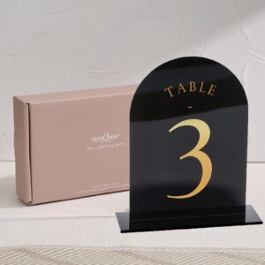 UNIQOOO Black Arch Wedding Table Numbers with Stands 1-30, Gold Foil Printed 5x7 Double Sided Acrylic Signs and Holders, Perfect for Centerpiece, Reception, Decoration, Party, Anniversary, Event