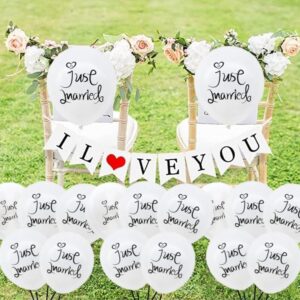 Pfylinqo 100 Pcs Celebration of Just Married Balloons, 12 Inch "Just Married" Letter Print White Balloon for Garland Arch, Party Latex Balloons for Bride Wedding Anniversary Party Decoration Supplies