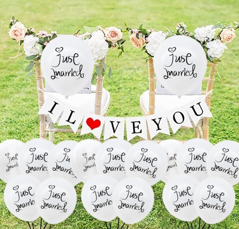 Pfylinqo 100 Pcs Celebration of Just Married Balloons, 12 Inch "Just Married" Letter Print White Balloon for Garland Arch, Party Latex Balloons for Bride Wedding Anniversary Party Decoration Supplies