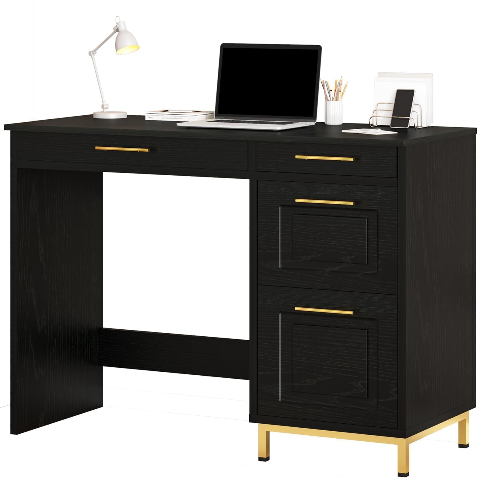 4 EVER WINNER Black Desk with Drawers, 43” Home Office Desk with Storage, Golden Handle for Bedroom, Black and Gold Desk Study Writing Desk for Small Space, Black