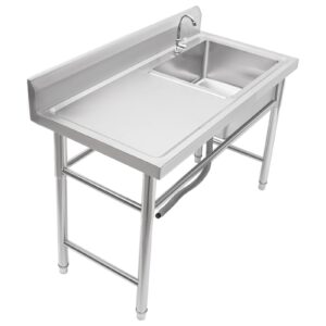 YSHUSTGY Compartment Stainless Steel Cabinets Commercial Kitchen Prep Sink Wash Table,Commercial Kitchen Prep Utility Sink W/Drainboard+Compartment Stainless Stee,Work Station Ledge